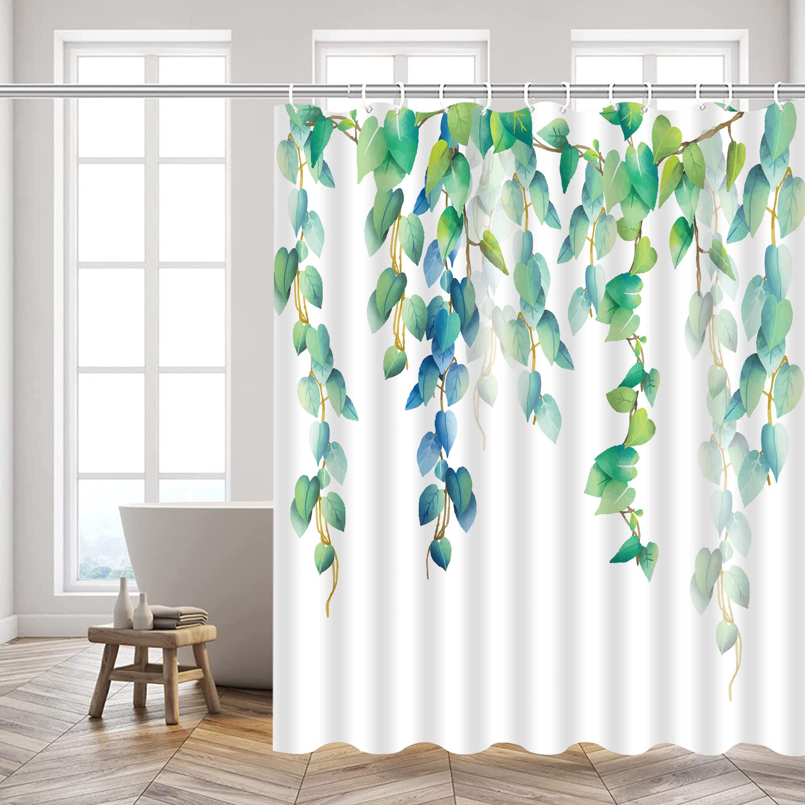 Green Leaves Fabric Shower Curtain - Spring Plant Vine Design Blue Green Leaf Bathroom Decor - Polyester Bath Accessories Set with Hooks 60x70 Inch - Perfect for Modern Bathrooms, Spa Retreats & Nature-Themed Home Decor