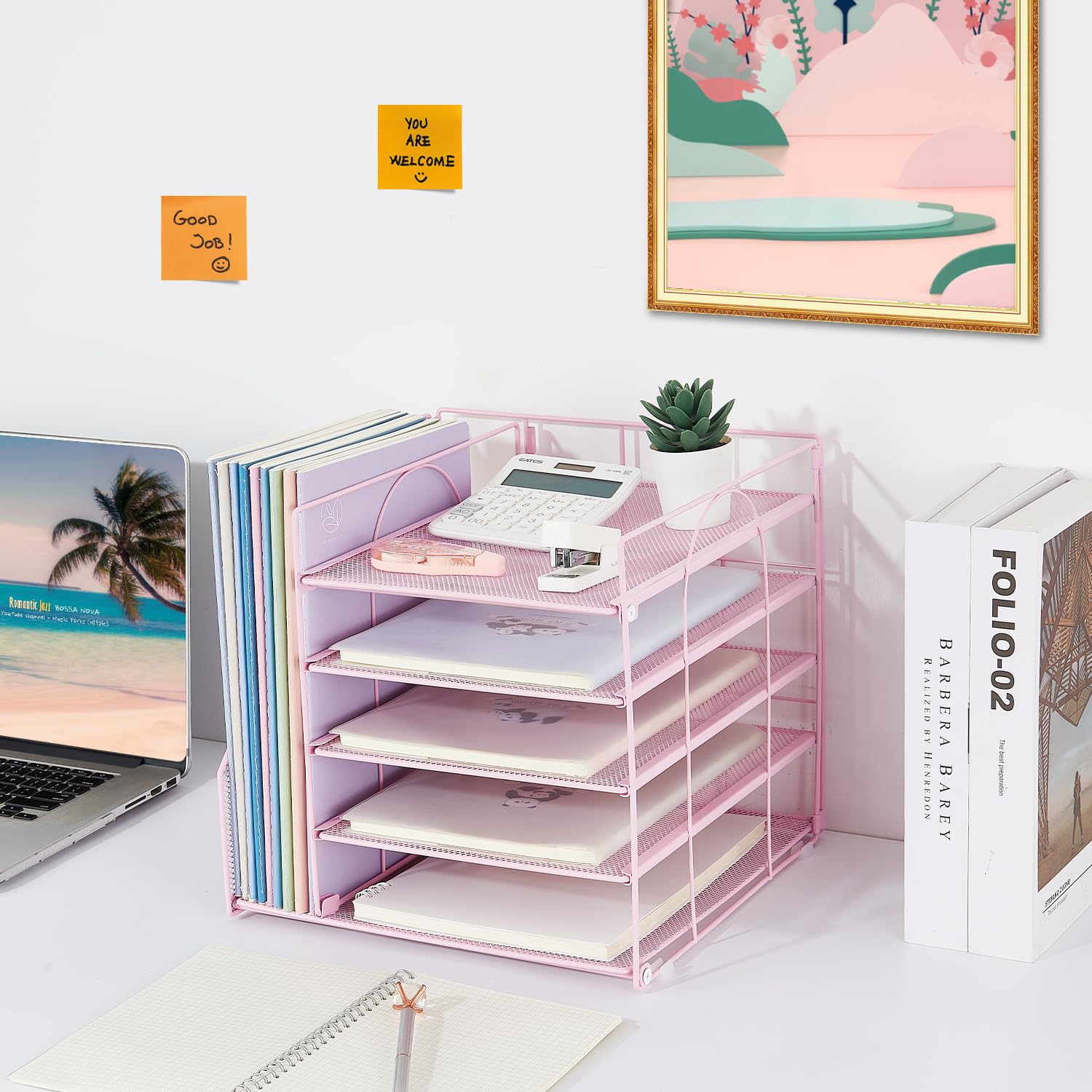 5-Tier Paper Letter Tray Organizer with File Holder - Pink Desk Organizer for Office & Home - Perfect for Mail, Documents, Bills, and Office Supplies Storage