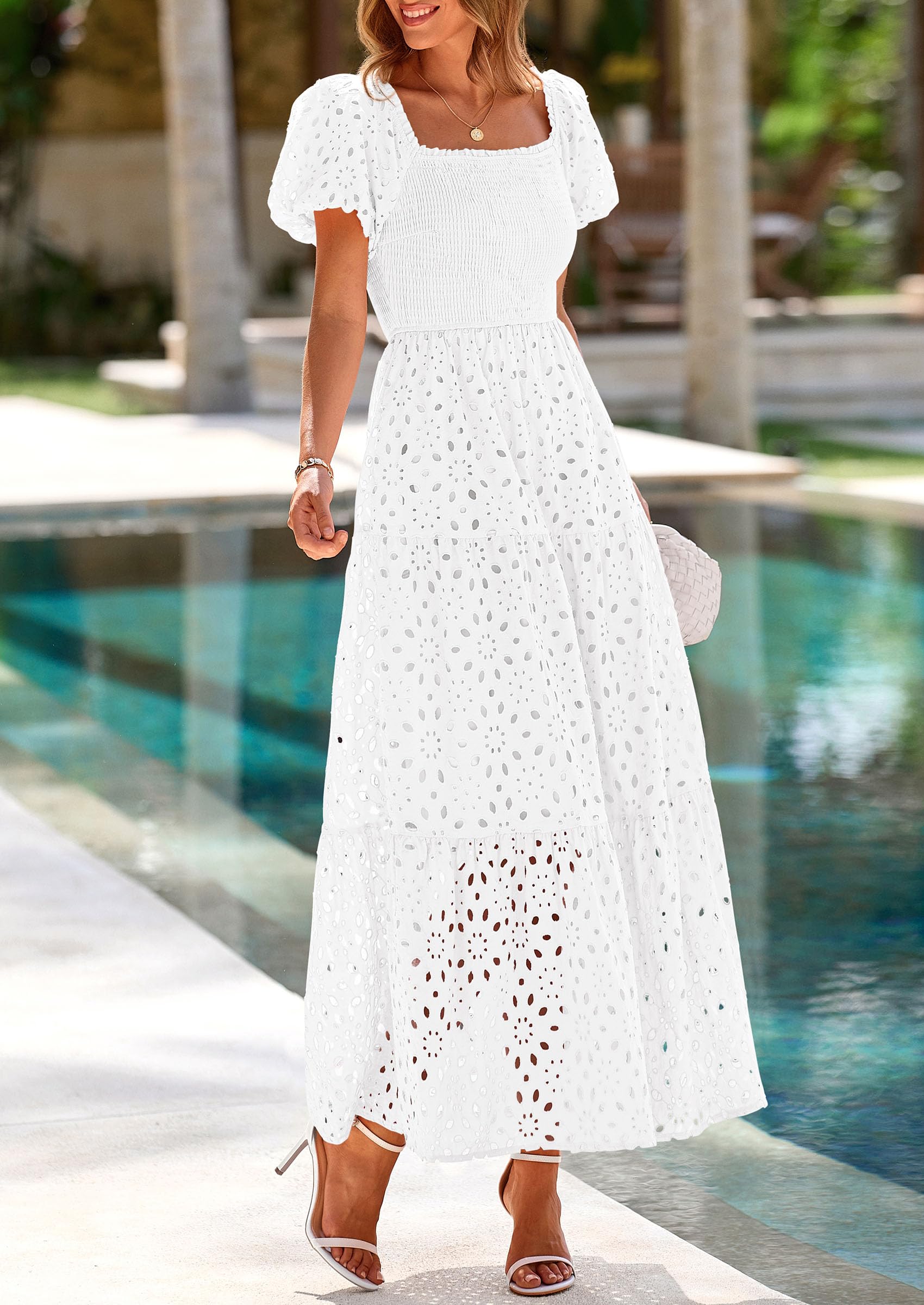 PRETTYGARDEN Women's Summer Maxi Dress 2025 - Floral Eyelet Square Neck Puff Sleeve Smocked Wedding Guest Dress with Pockets | Beach Vacation, Garden Party, Bridal Shower Outfit