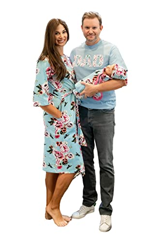 Baby Be Mine Maternity Nursing Robe, Newborn Swaddle Blanket & Daddy T-Shirt Set - Soft Delivery Gown for Breastfeeding Mothers & Matching Baby Girl Wrap - Perfect for Hospital Birth, Newborn Photos & Family Bonding