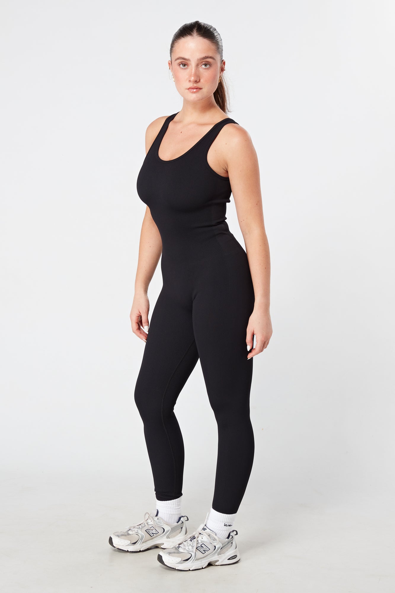 Black Twill Active Ribbed Unitard for Women - Stretchy Workout Bodysuit for Yoga, Gym & Dance