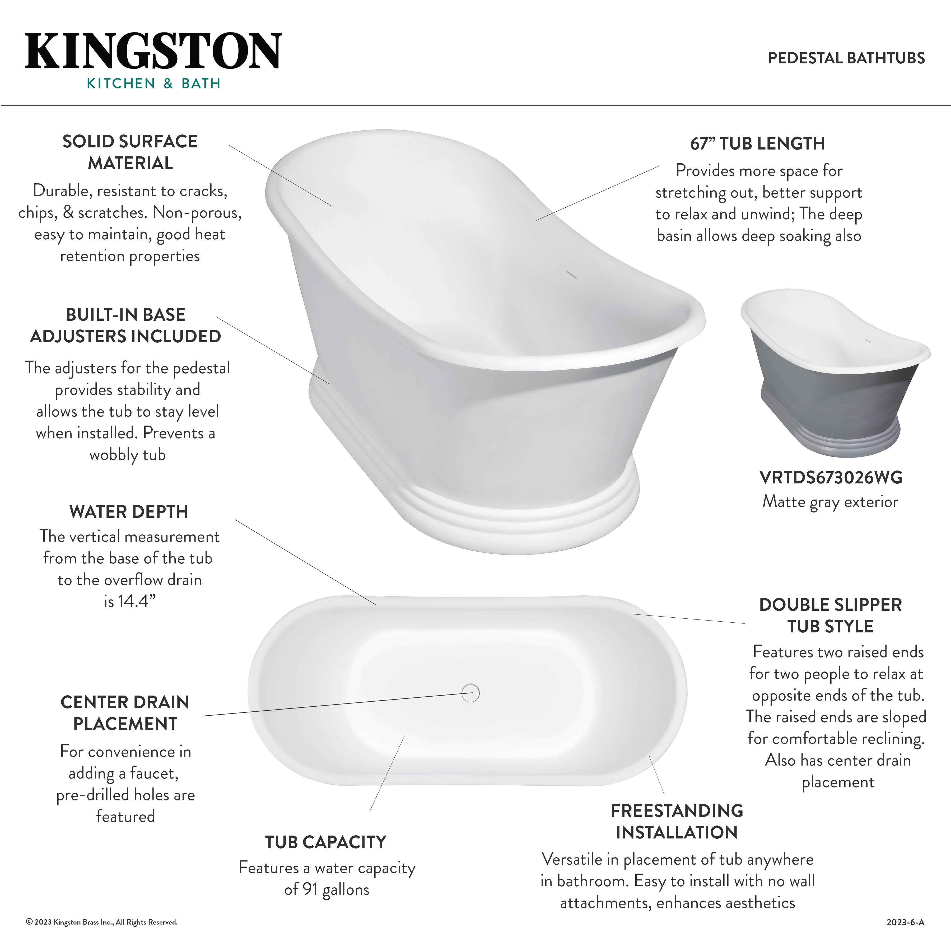 Arcticstone 67-Inch Solid Surface Oval Double Slipper Pedestal Bathtub - Glossy White/Matte White Freestanding Soaking Tub with Drain (No Faucet Holes) - Perfect for Master Bathroom, Spa Retreat & Luxury Home Renovation