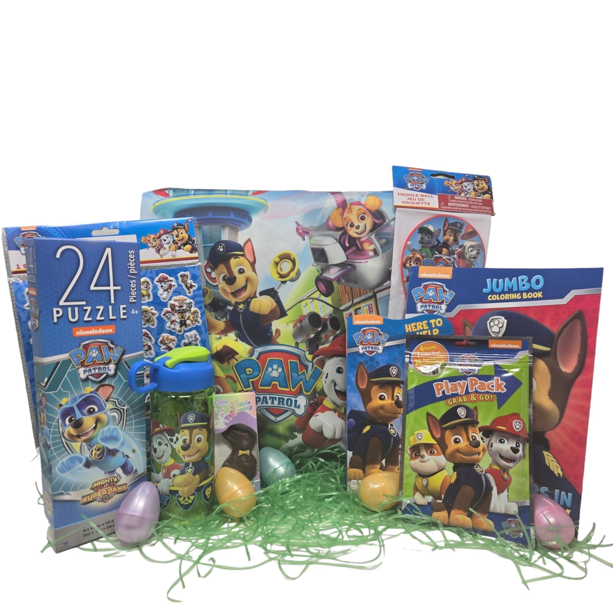 Paw Patrol Easter Basket Pre-Filled with Chase & Marshall Toys, Candy, Water Bottle & Coloring Book - Kids Easter Gift Set for Boys & Girls - Perfect for Easter Egg Hunts, Birthday Parties & Holiday Presents