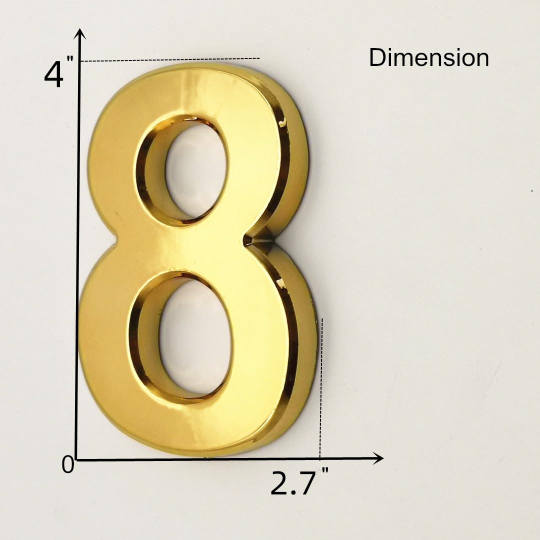 4 Inch Gold Mailbox Number 8 - 3D Address Sticker for House, Apartment, Office - Shiny & Bright for Easy Visibility