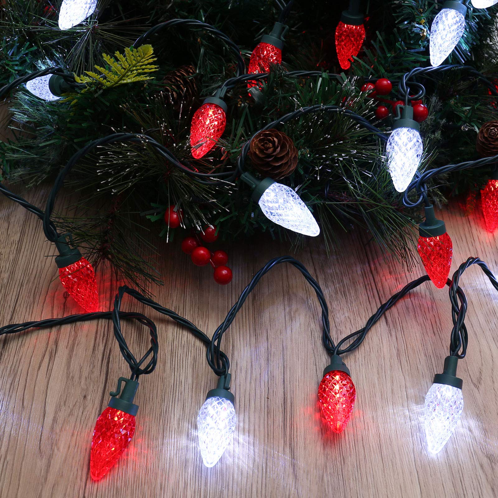 Brizled C9 Christmas Lights - 33ft 50 LED Faceted String Lights, Connectable Indoor/Outdoor Holiday Decor, UL Certified 120V for Tree, Garden, Porch & Party (Red & White) - Perfect for Christmas, Weddings, and Year-Round Festive Lighting