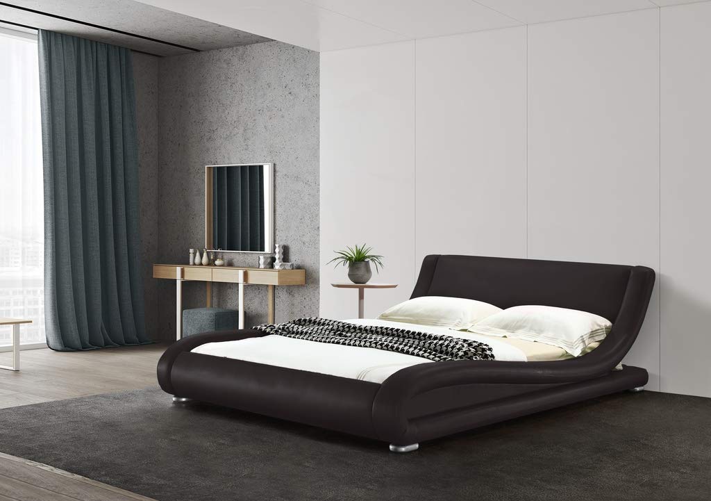 Modern Wavy Upholstered Faux Leather Platform Bed with Strong Wood Slats - Queen Size Dark Brown - Easy Assembly Bed Frame for Master Bedroom, Guest Room & Small Spaces