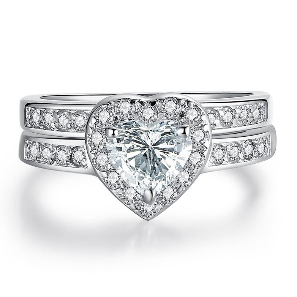 MABELLA Sterling Silver Halo Heart Shaped CZ Wedding & Engagement Ring Set for Women - Perfect for Proposals, Anniversaries, and Romantic Occasions