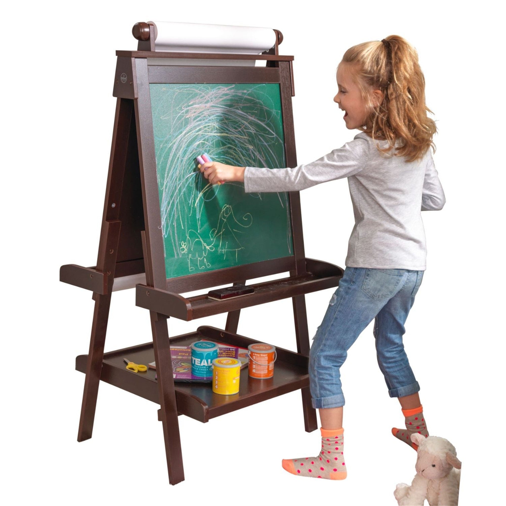KidKraft Deluxe Wooden Art Easel for Kids - Adjustable Double-Sided Chalkboard & Whiteboard - Espresso Finish - Perfect for Home, Classroom & Art Studio