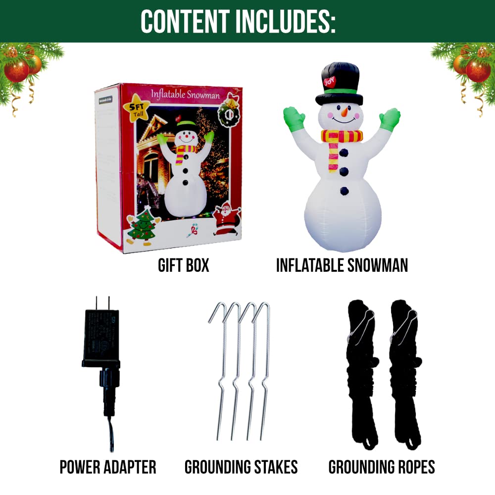 5 ft Inflatable Snowman with LED Lights & Pump - Indoor/Outdoor Christmas Decoration for Garden, Lawn, Playground, Courtyard | Perfect for Holiday Parties, Winter Festivals & Home Decor