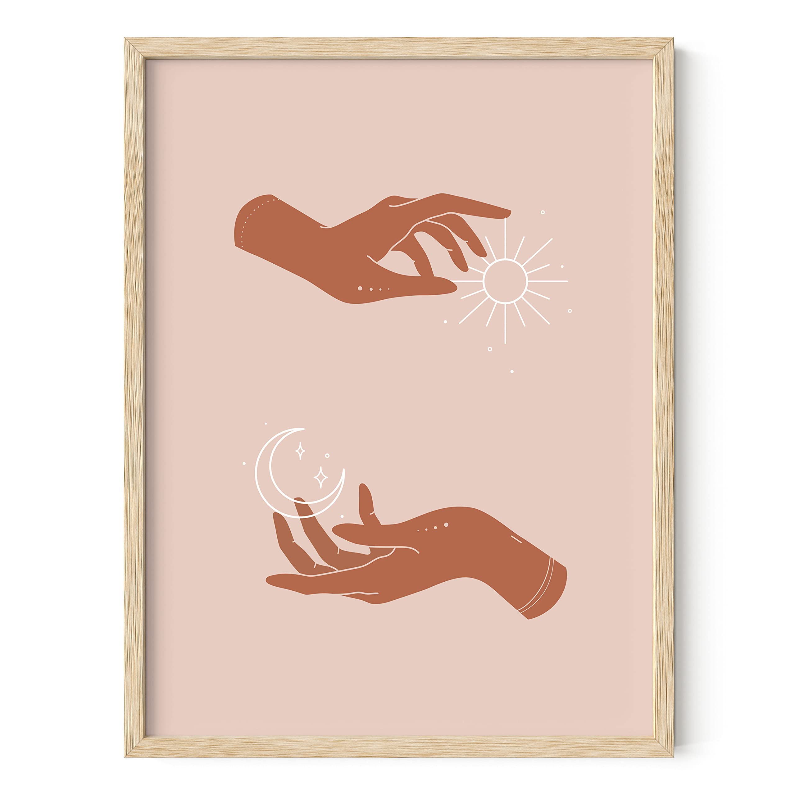 HAUS AND HUES Sun and Moon Astrology Wall Art - Celestial Hands Spiritual Decor, Boho Prints for Bedroom & Living Room (Beige Frame, 12x16 in) - Perfect for Meditation Spaces, Yoga Studios & Home Office Decor