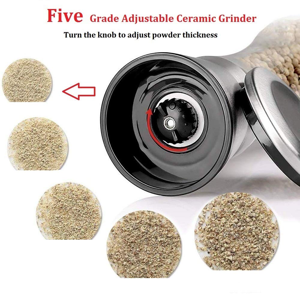 Premium Stainless Steel & Glass Salt and Pepper Grinder Set - Adjustable Coarseness, Refillable Tall Mills for Sea Salt, Black Peppercorn & Spices (2-Piece) - Perfect for Kitchen, Dining Table & Gourmet Cooking