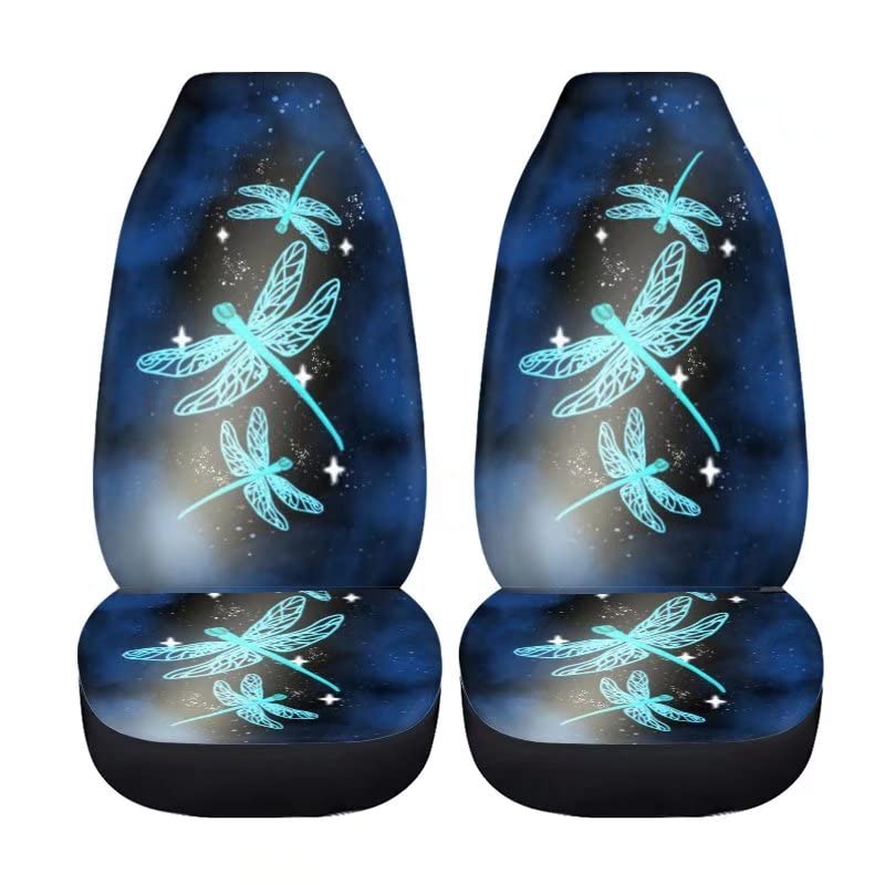 BIGCARJOB Neon Dragonfly Car Seat Covers Full Set - 12 Piece Women's Car Interior Accessories Kit with Steering Wheel Cover, Seat Belt Pads, Coasters, Armrest & Handbrake Covers | Stylish Car Decor for Sedans, SUVs & Trucks