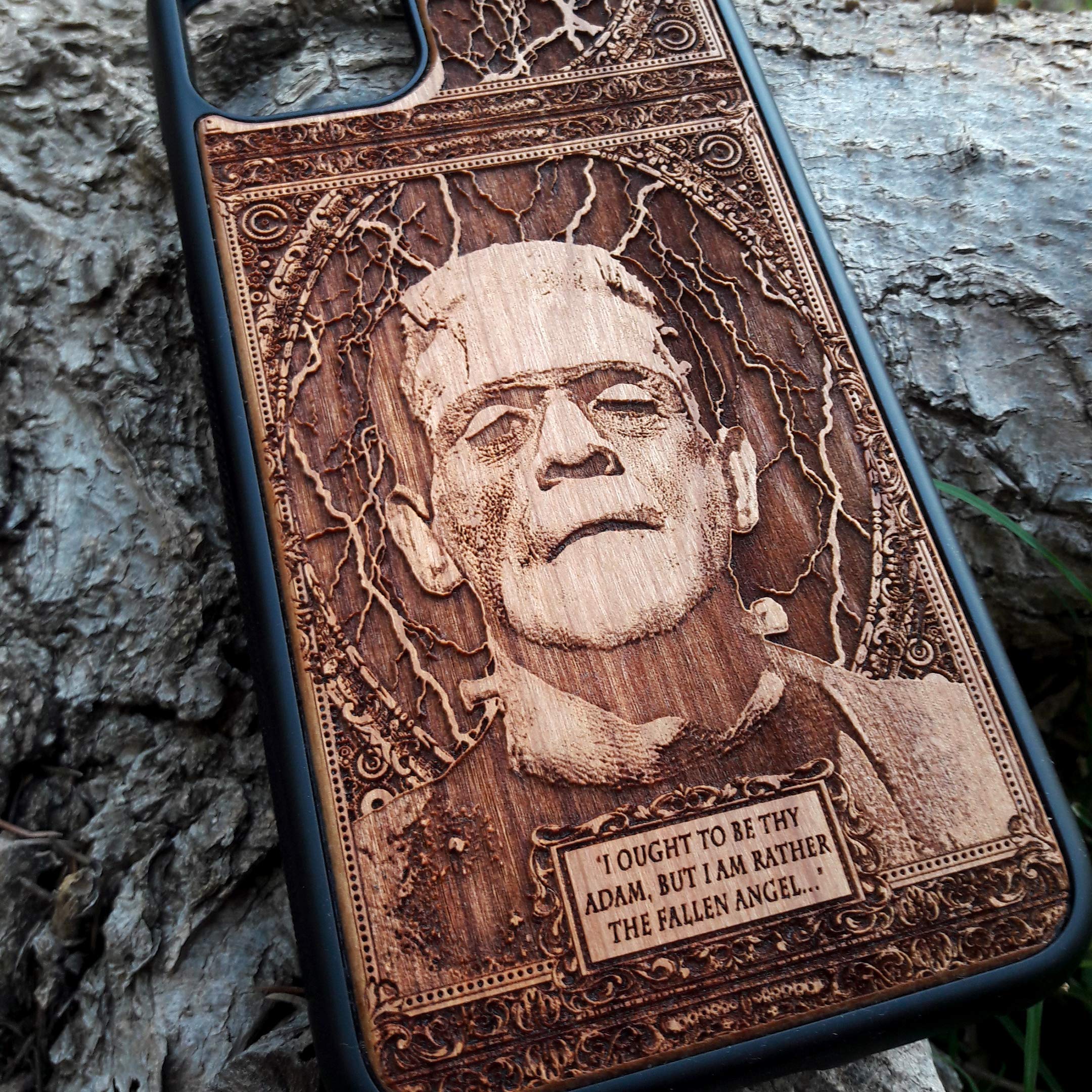 Frankenstein Laser Engraved Wood Phone Case - Compatible with iPhone 16/15/14/13/12/11 Pro Max/Mini & Galaxy S25/S24/S23/S22/S21/S20 Ultra Plus - Eco-Friendly Slim Durable Wooden Cover for Everyday Protection & Style