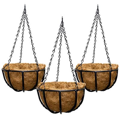 Gardman Blacksmith Hanging Baskets with Coco Liners - 12 Inch Diameter, Set of 3 - Perfect for Outdoor Patio, Garden Decor & Flower Planting