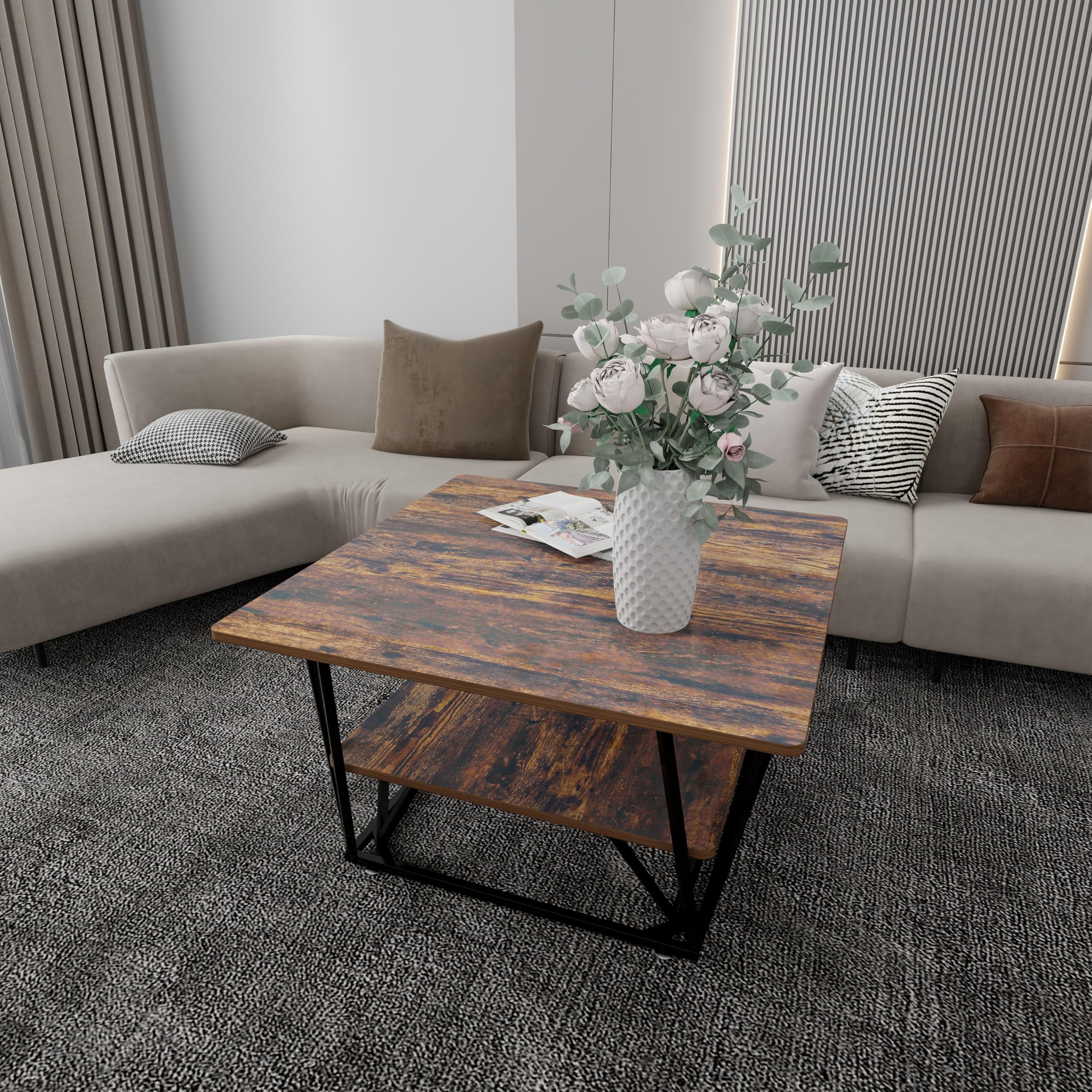 Modern Square Coffee Table with Storage - 31.5 Inch 2-Tier Wooden Coffee Table, Caramel Brown Finish & Black Frame for Living Room | Perfect for Small Spaces, Home Decor, and Coffee Table Organization