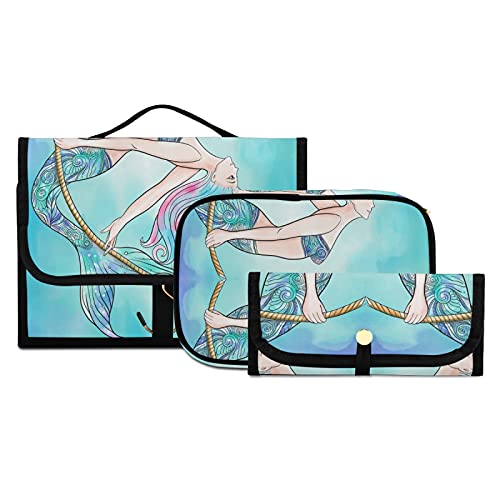 Mermaid Swinging on a Rope 3-Piece Travel Set - Cosmetic Bag, Hanging Toiletry Bag & Pencil Case | Portable Makeup Organizer & Brush Storage | Perfect for Women's Travel, Vacation & Daily Use