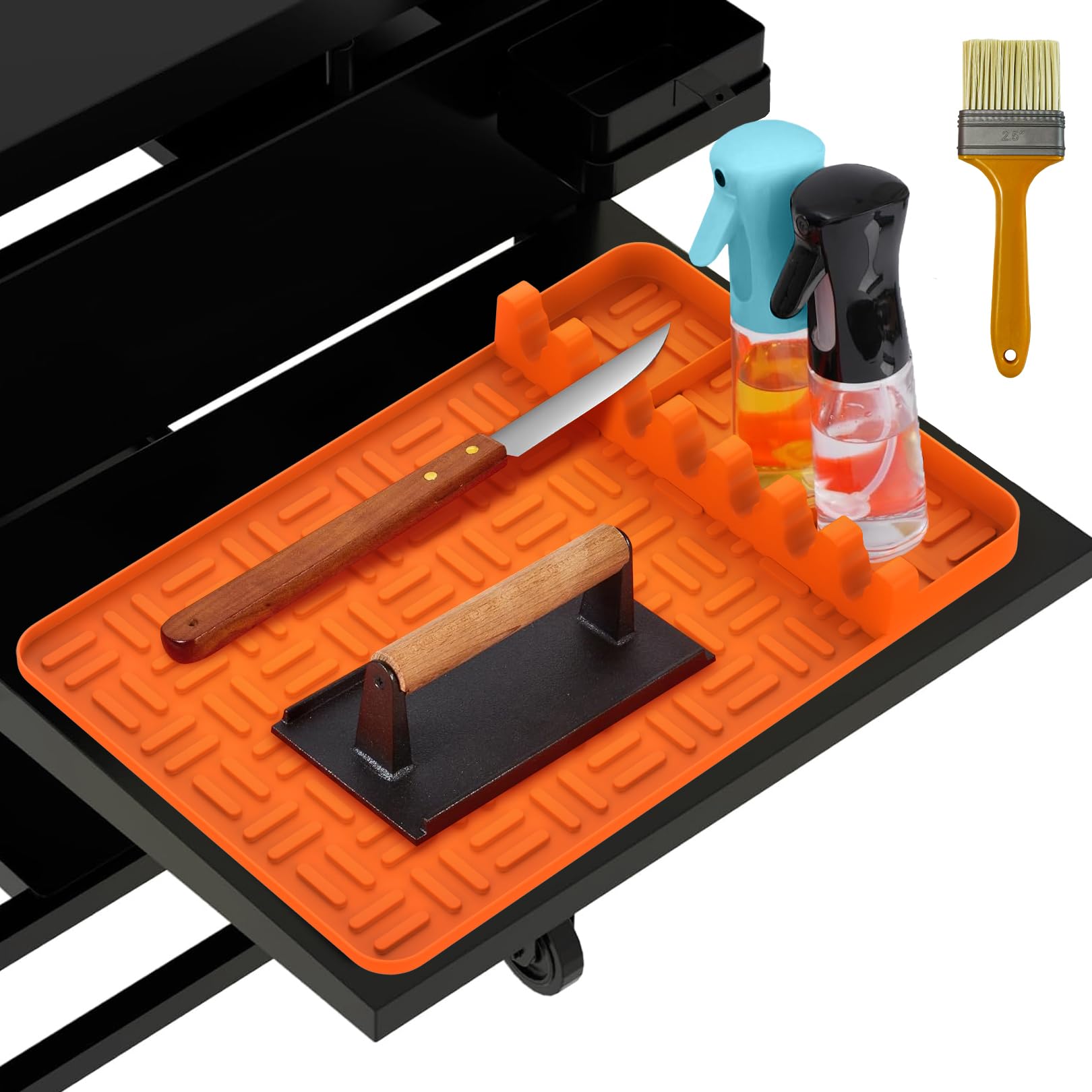 Non-Slip Silicone Griddle Tools Mat for Blackstone Grill - Food Grade Spatula Mat with Drip Pad & Side Shelf Protector - BBQ Utensils Holder for Multiple Grill Tools (Orange) - Perfect for Outdoor Cooking, Camping & Backyard BBQs