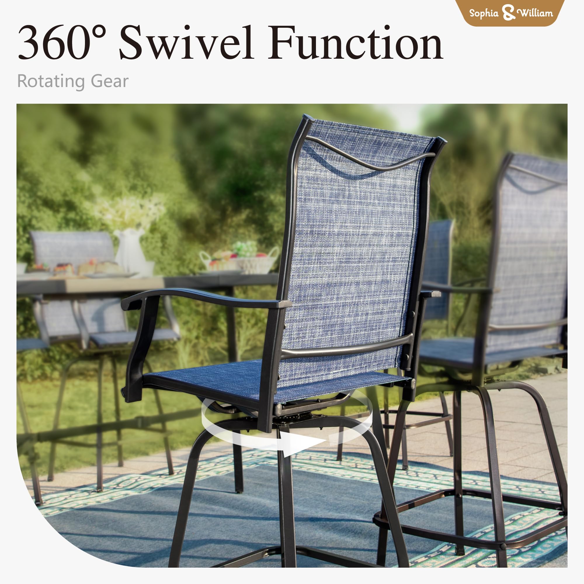 **Sophia & William Outdoor Bar Set - 2 Swivel Bar Chairs (Blue) & 1 Square Bar Table (Wood-Like) - Patio Furniture for Backyard, Deck, or Poolside Relaxation**