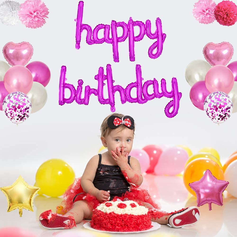 16 Inch Happy Birthday Balloons & Banner Set - Pink Mylar Foil Letter Balloons for Kids & Adults - Perfect for Birthday Party Decorations, Baby Showers & Anniversary Celebrations
