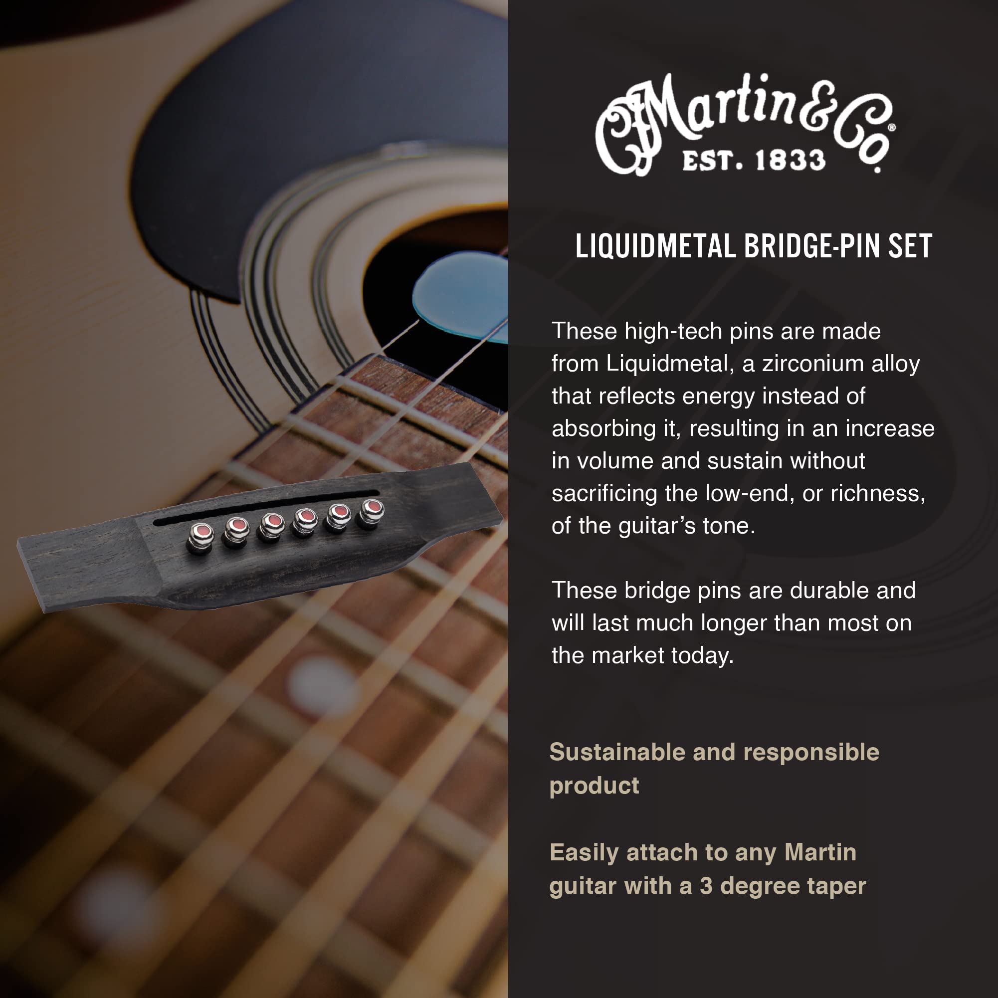 Martin Guitar LUXE by Martin Acoustic Guitar Bridge Pins Set - 6 Chrome Pins with Red Inlay for Enhanced Tone & Sustain | Perfect for Guitar Maintenance, Upgrades & Professional Performances