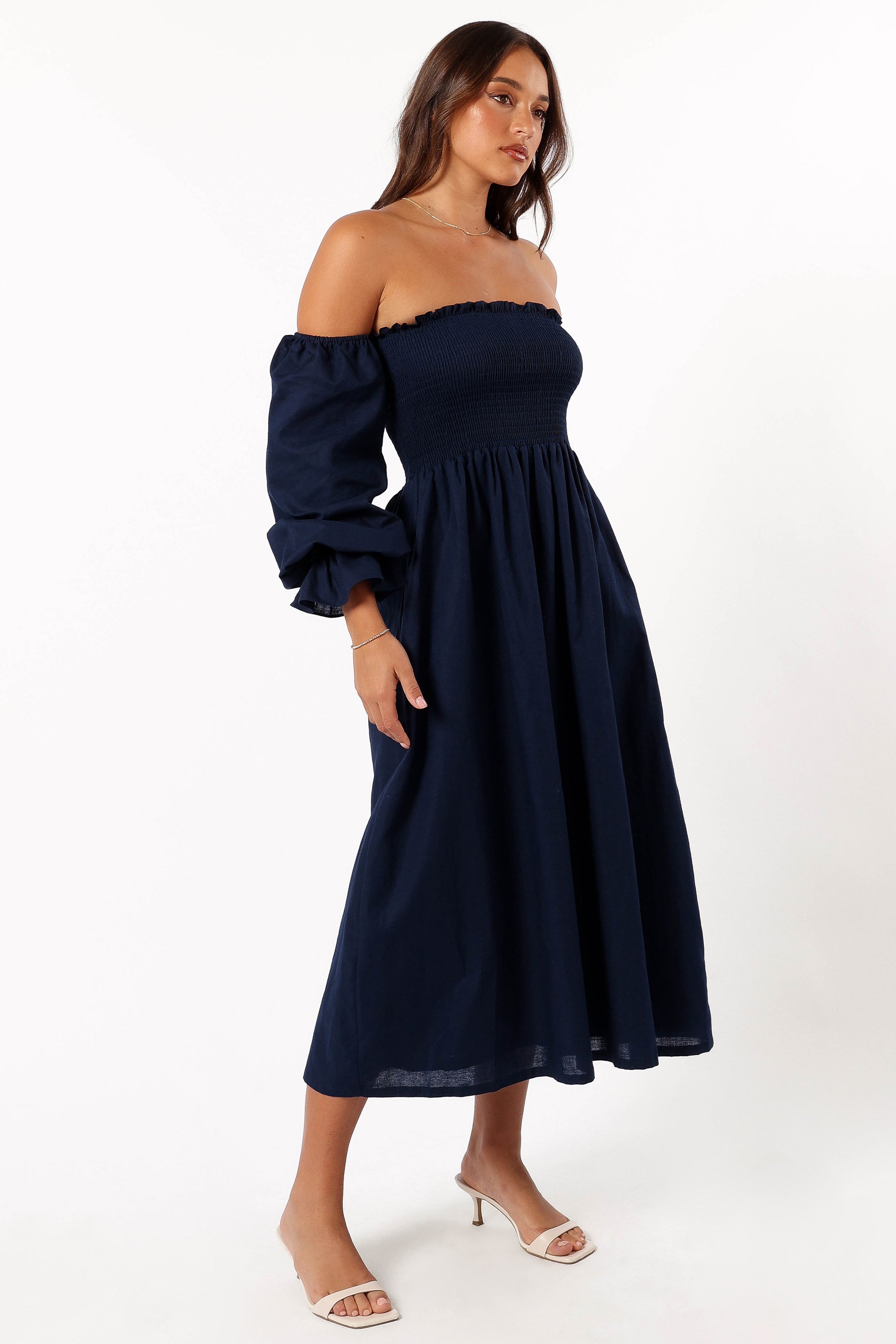 Domenica Shirred Long Sleeve Dress for Women - Navy Blue Flowy Midi Dress with Elastic Waist | Perfect for Casual Wear, Office Outfits & Special Occasions