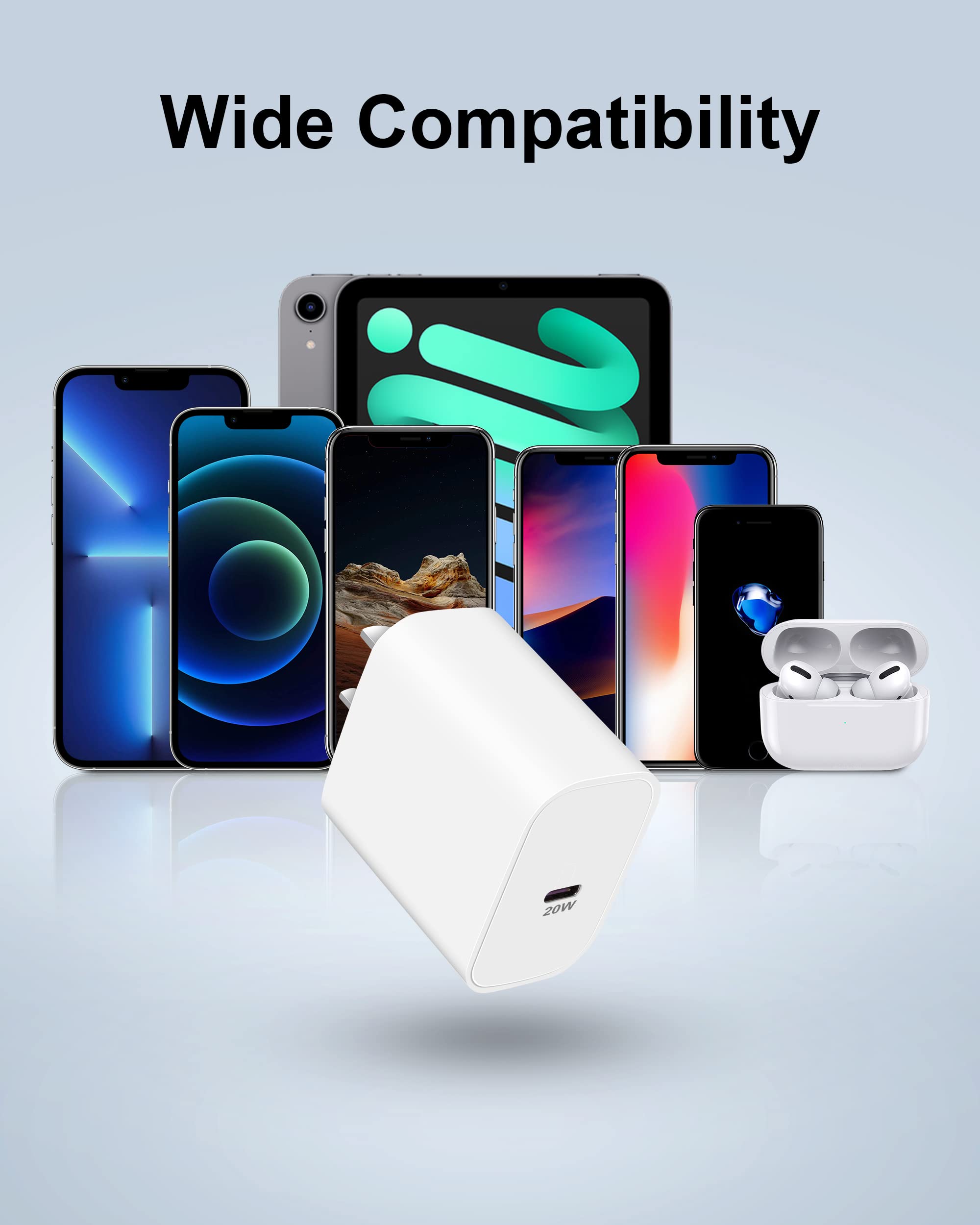 20W USB C Fast Charger & 10FT Lightning Cable 2-Pack for iPhone 14/13/12/11/Pro Max/Mini/Plus/XS & iPad - Quick Charging Block with Long Cable for Home, Office & Travel