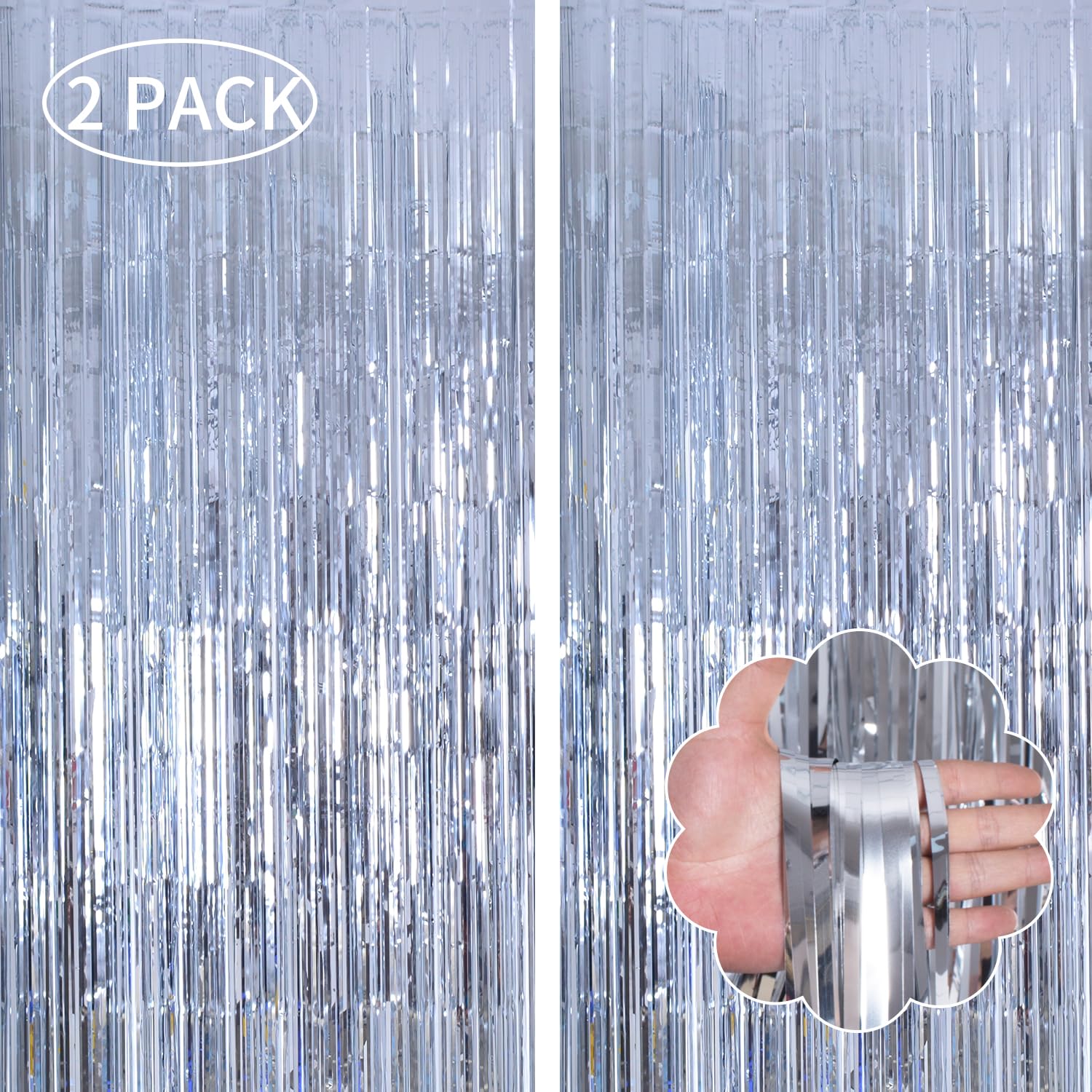 Silver Tinsel Curtain Backdrop - 2 Pack 3.3x8.2FT Fringe Streamers for Party Decorations | Photo Booth Props & Disco Party Decor | Perfect for Birthday, Women's Events, Girls Night & Dance Parties