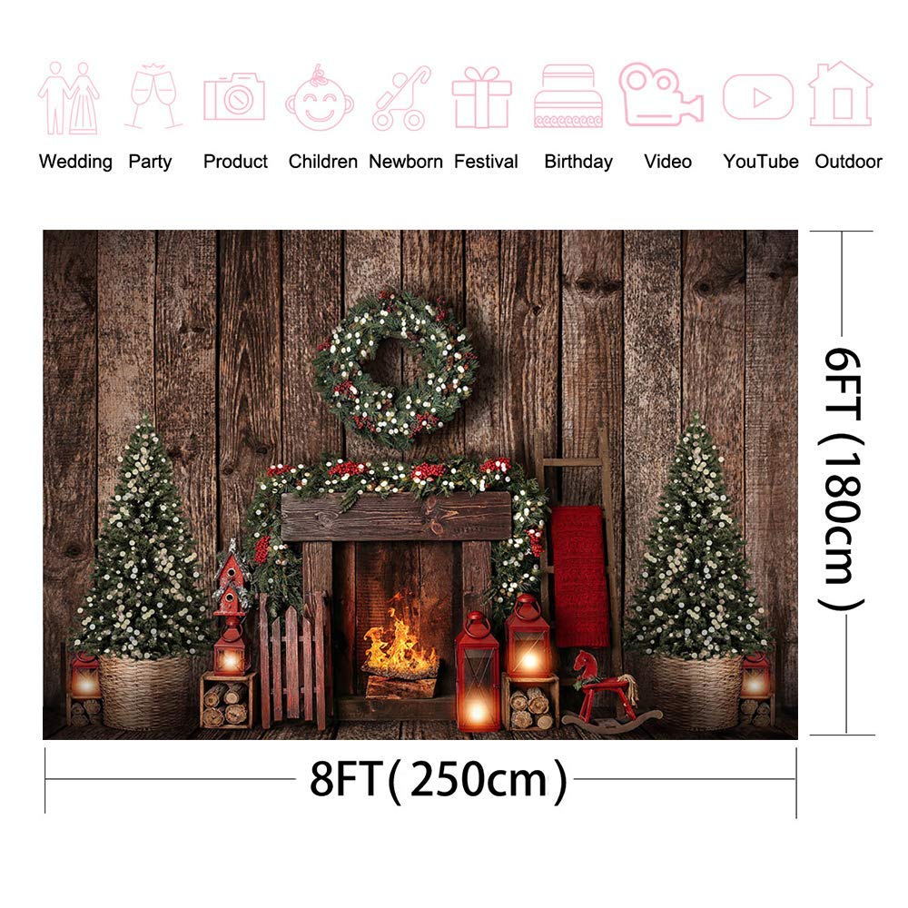 Brown Wood Christmas Fireplace Backdrop with Xmas Tree & Wreath - 8x6ft Holiday Photo Booth Background for Newborn Baby, Kids Portrait Photography | Perfect for Christmas Parties, Family Gatherings & Festive Home Decor