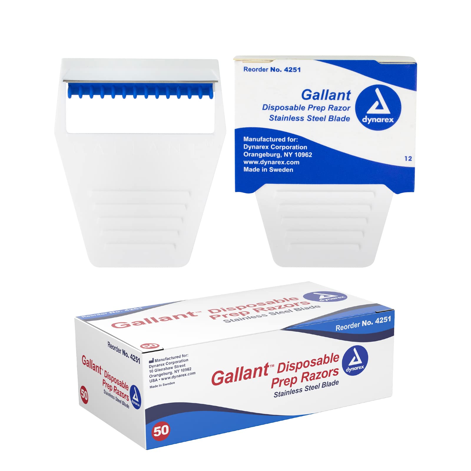 Dynarex Gallant Disposable Prep Razors - 50 Count Box | ECG & Surgical Prep Razors with Open Ergonomic Design | Ideal for Medical Procedures, First Aid Kits & Hospital Use