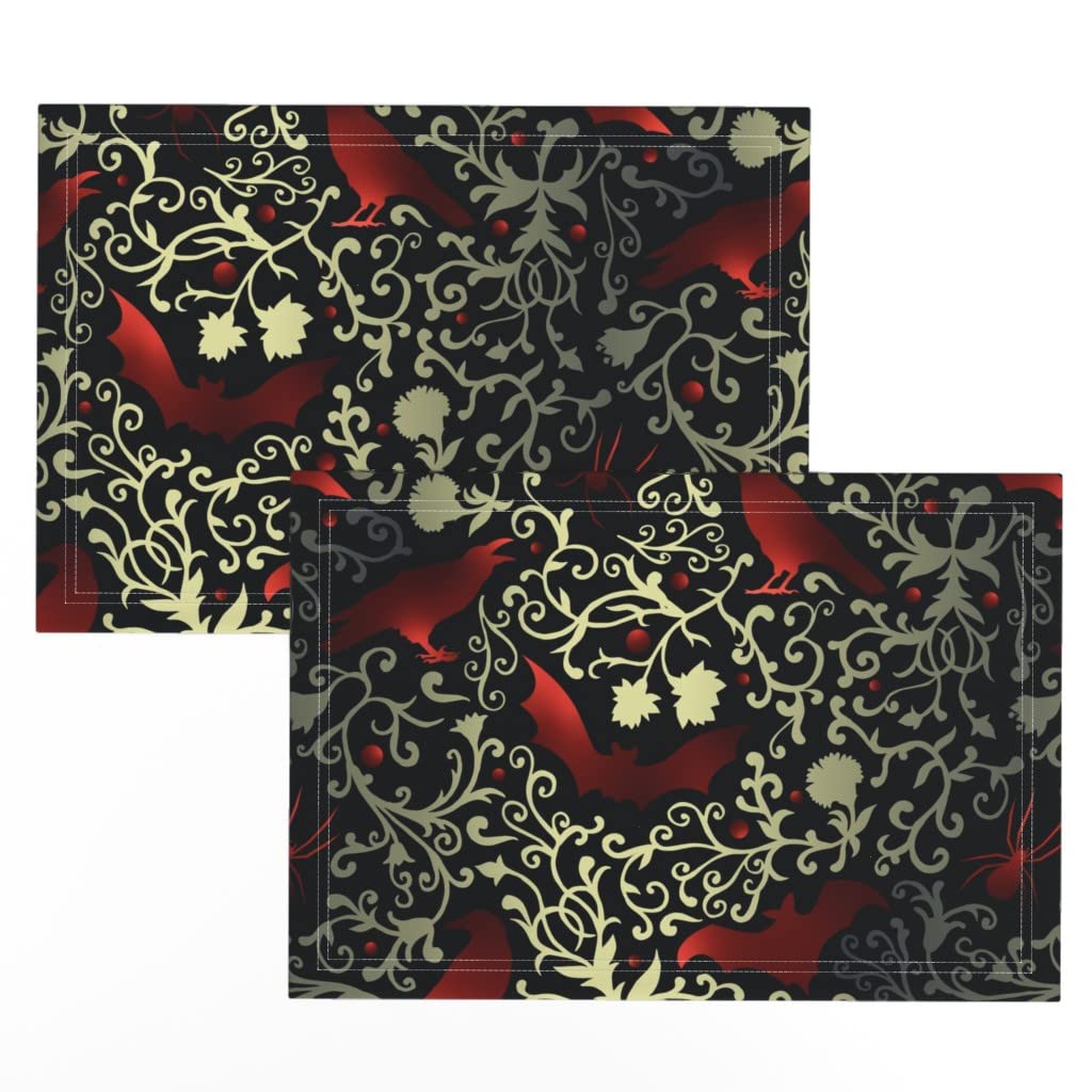 Gothic Print Linen Cotton Canvas Placemats Set of 2 - Bats Black Red Gold Dark Victorian Style Table Mats for Halloween Dinner, Gothic Home Decor & Themed Parties