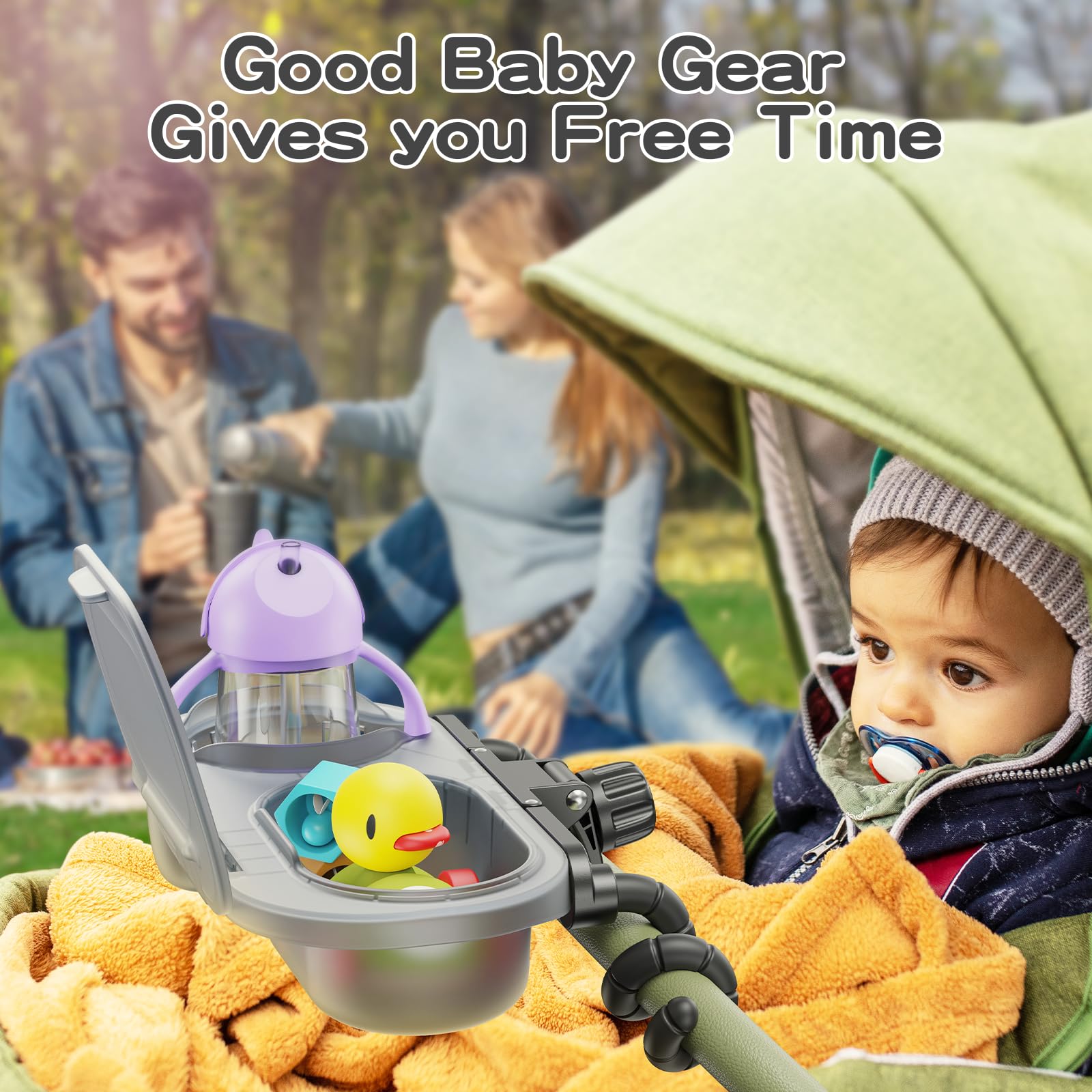 3-in-1 Universal Stroller Snack Tray with Dust Cover - Sturdy Cup Holder, Snack & Phone Organizer - Detachable & Dishwasher Safe Baby Travel Accessories for On-the-Go Parents - Perfect for Park Visits, Shopping & Road Trips