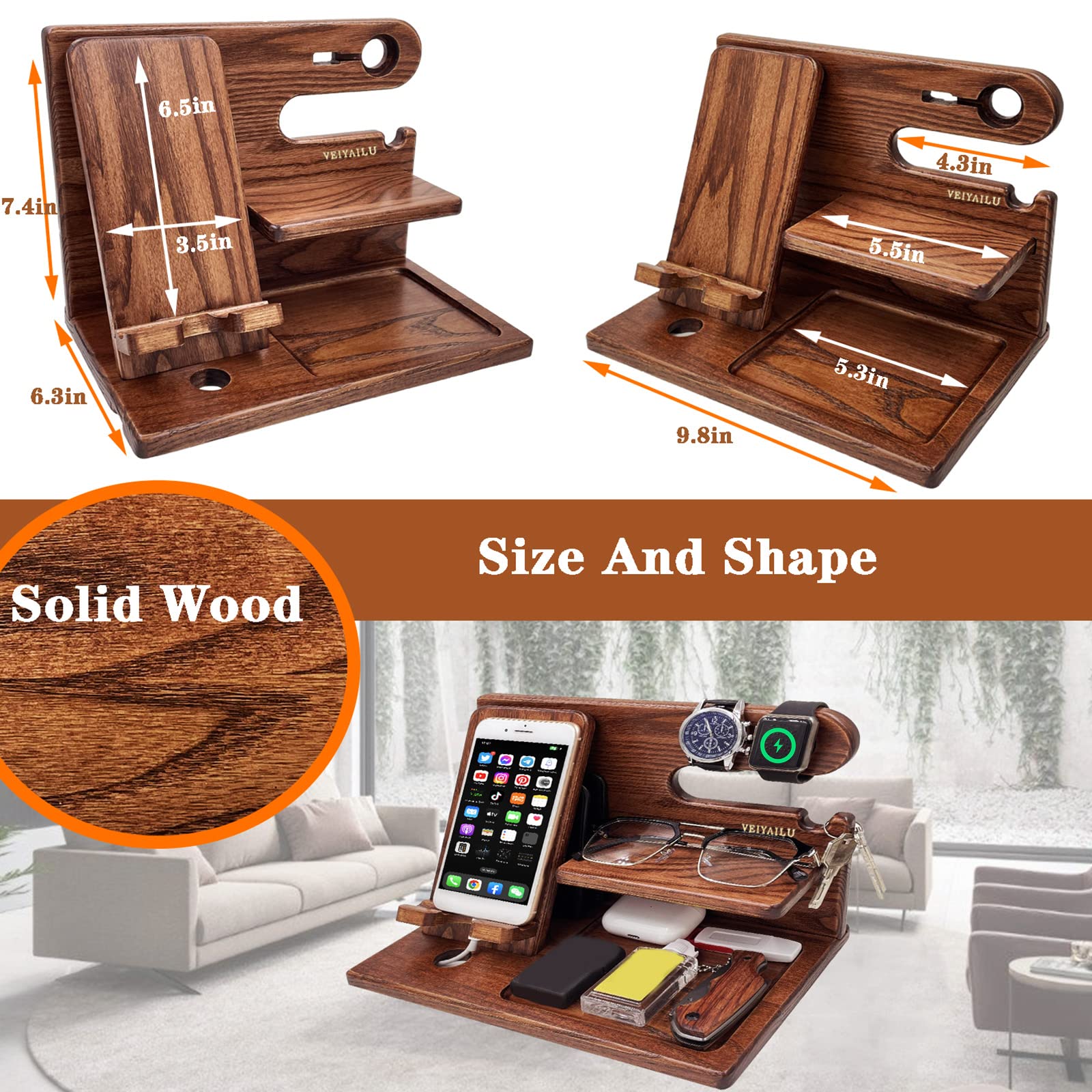 **Premium Wooden Phone Stand Holder - Best Birthday Gift for Men, Father's Day Gift from Daughter or Son - Nightstand Organizer for iPhone & Android - Elegant Brown (Perfect for Bedside, Office & Travel)**