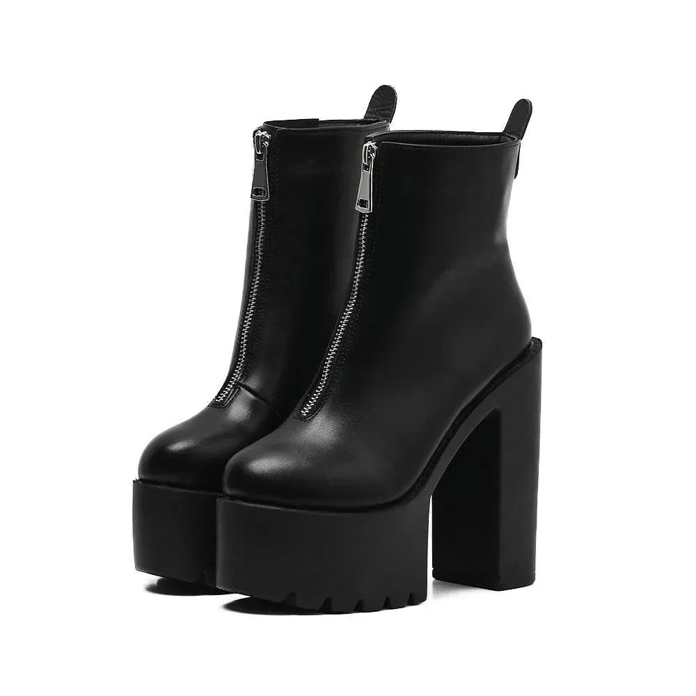 Black Chunky Heel Platform Boots with Zipper - Stylish & Comfortable for Women | Perfect for Parties, Night Out & Fashion Streetwear