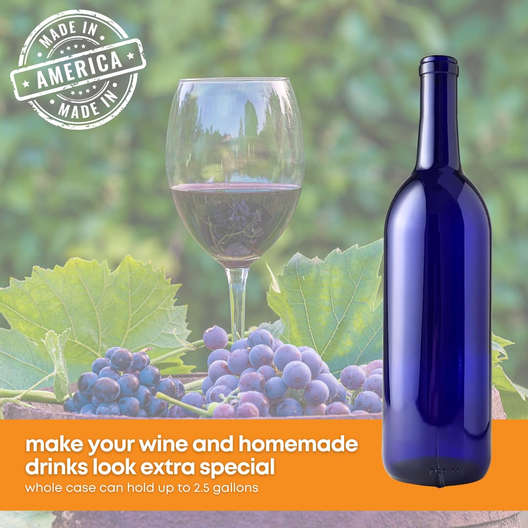Premium 750ml Blue Bordeaux Wine Bottles (Pack of 6) - Flint Flat-Bottomed Glass Bottles for Home Winemaking, Storage & Gifts - Ideal for DIY Wine Kits, Vinegar Brewing & Decorative Display