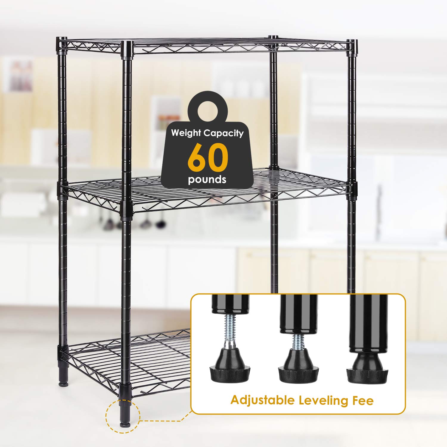 LEHOM 3-Tier Metal Storage Shelves - Adjustable Wire Shelving Unit for Laundry, Bathroom, Kitchen, Pantry & Closet Organization (23.23