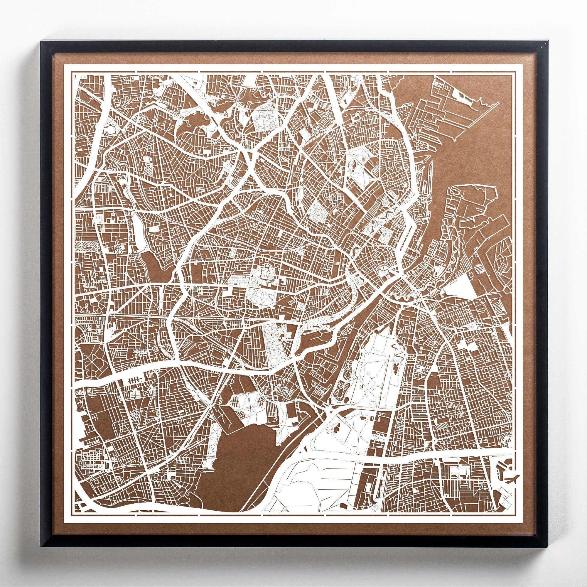 O3 Design Studio Copenhagen Paper Cut Map - 12x12 Inches White Paper Art Wall Decor for Home, Office & Gift Giving