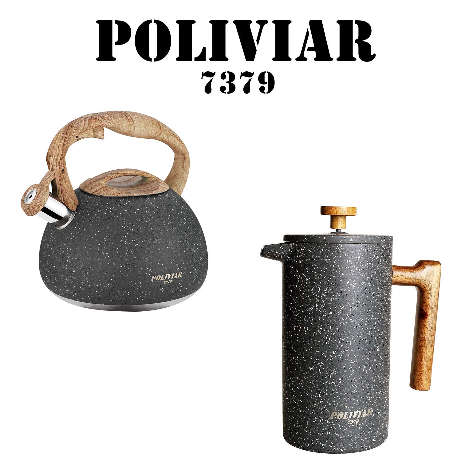 POLIVIAR 2.7 Quart Tea Kettle & 34oz French Press Coffee Maker with Teak Wood Handle - Stovetop Kettle & Coffee Press Combo for Home, Office & Camping (JX2020-NS)