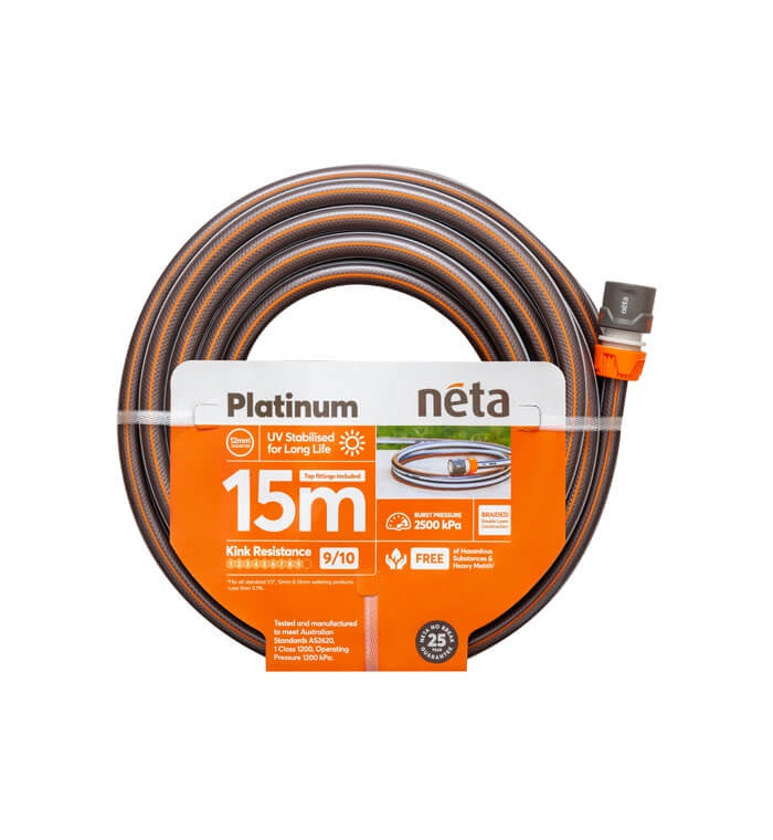 Premium Neta Platinum 12mm Garden Hose with Plastic Fittings - Durable, Flexible Water Hose for Lawn Care, Gardening, Car Washing & Outdoor Cleaning
