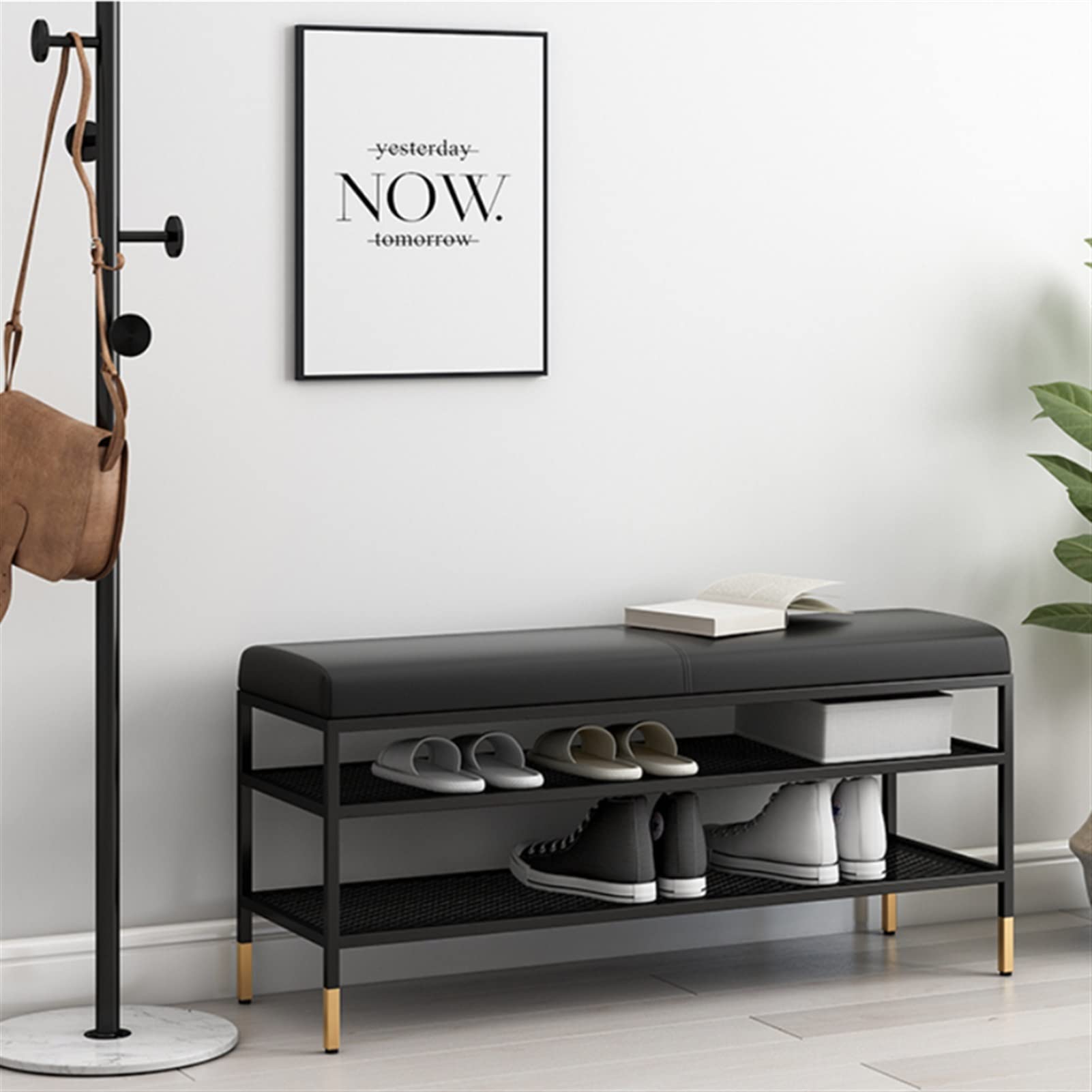 3-Tier Metal Shoe Storage Bench with Leather Seat - 80cm Entryway Shoe Rack Organizer for Foyer, Bedroom & Living Room | Space-Saving Shoe Bench for Small Apartments & Home Decor (Black)