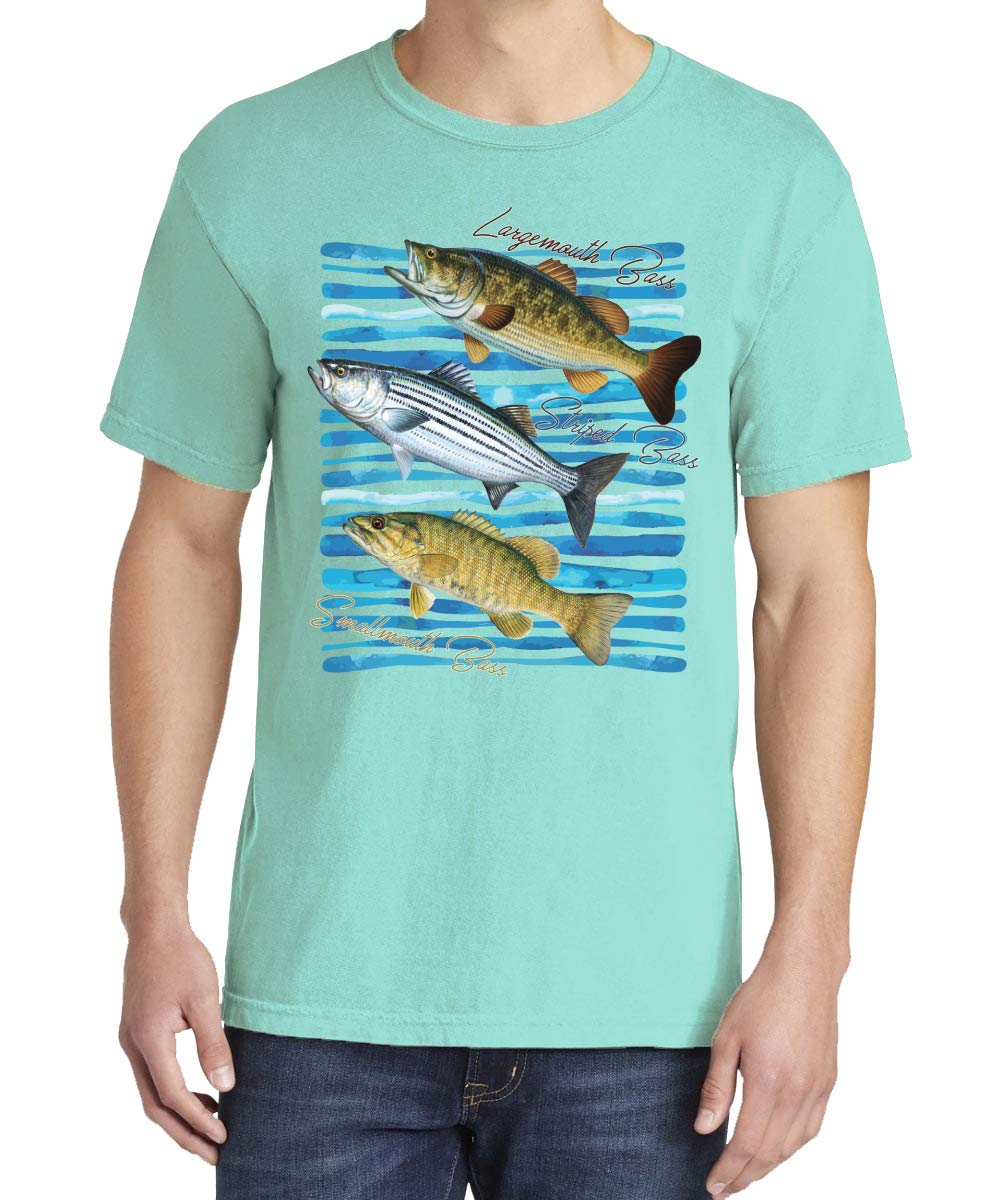 Premium Bass Fishing T-Shirt for Men - Largemouth, Striped & Smallmouth Bass Design - Garment-Dyed Washed Look Short Sleeve Tee - Perfect for Fishing Trips, Outdoor Adventures & Casual Wear