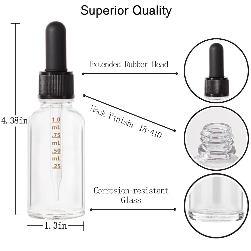 3 Pack 1 oz Glass Dropper Bottles with Lids - Clear Small Travel Containers for Essential Oils, Perfume, DIY Beauty & Craft Supplies - Perfect for Home, Travel & Gift Packaging