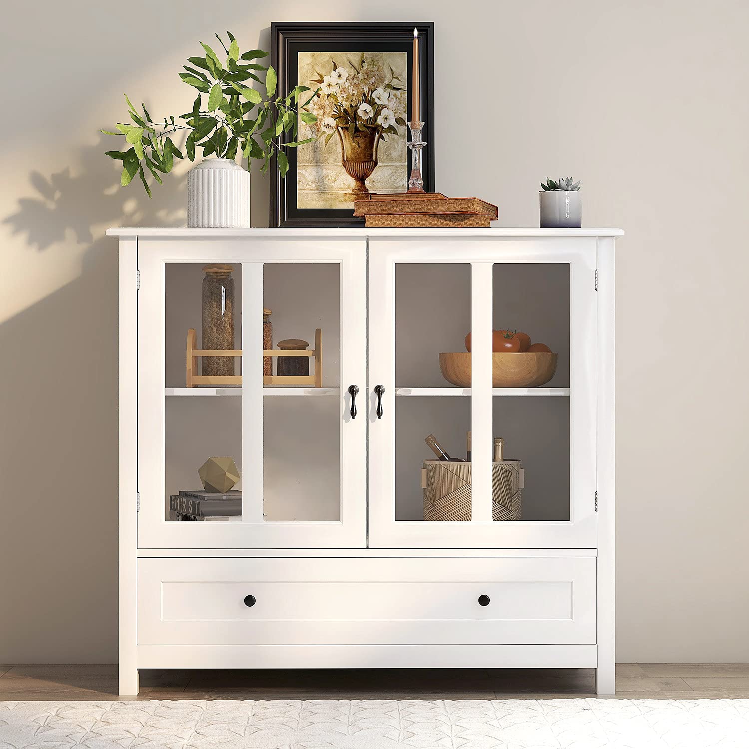 Yoluckea Sideboard Buffet Storage Cabinet - Modern Kitchen Cabinet with Glass Doors, White Liquor Cabinet for Dining Room & Home Bar - Perfect for Kitchen Organization, Wine Display & Dining Room Storage