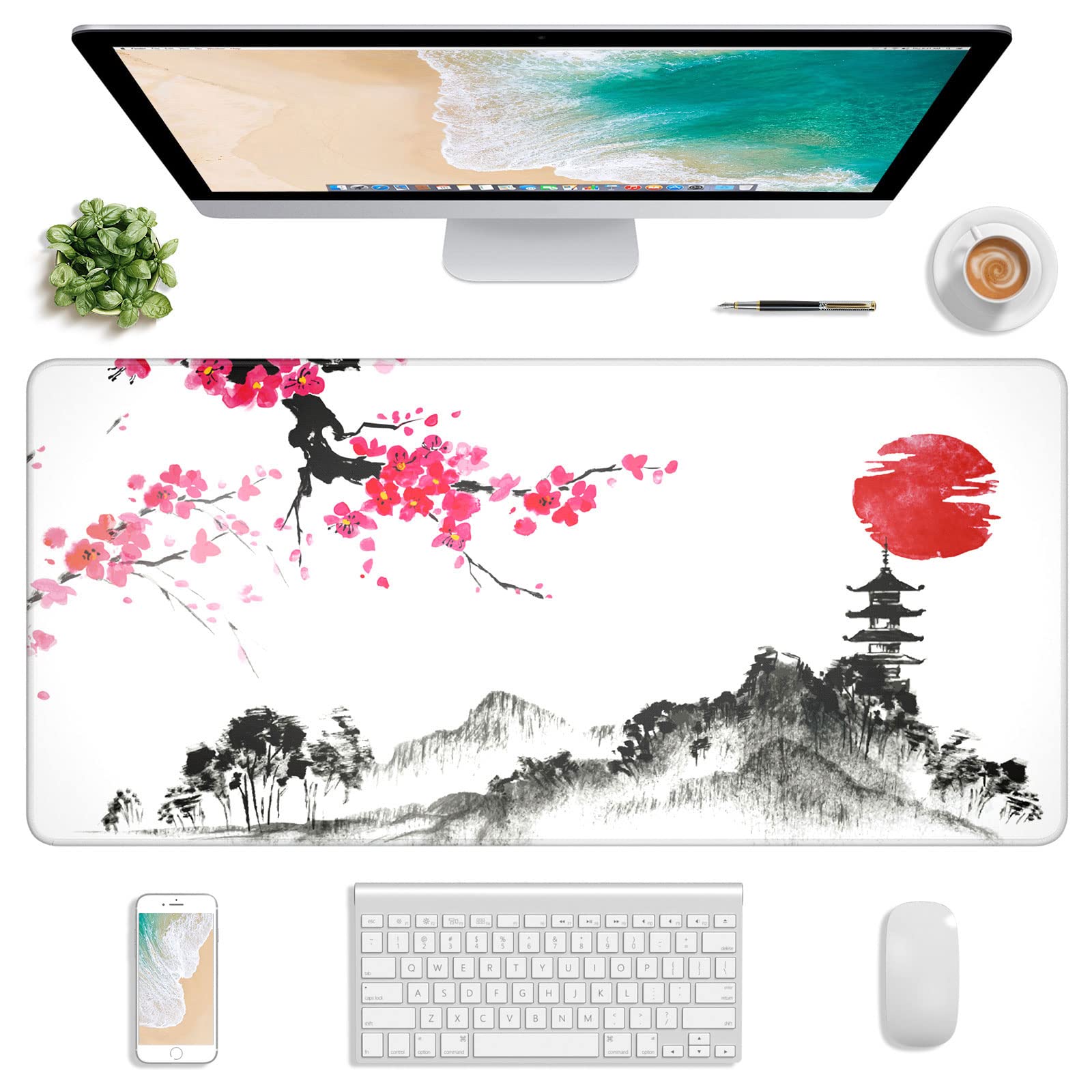 Atufsuat XL Gaming Mouse Pad - 30 x 14 Inch Large Desk Mat with Japanese Cherry Blossom Design, Waterproof Surface, Stitched Edges & Non-Slip Base for PC, Laptop, Office Work and Gaming