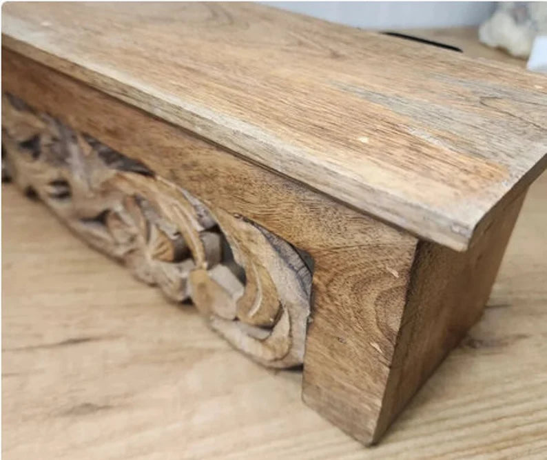 Hand Carved Mango Wood Floating Shelf - Natural Timber Wall Decor for Living Room, Bedroom & Office - Rustic Home Storage & Display Solution
