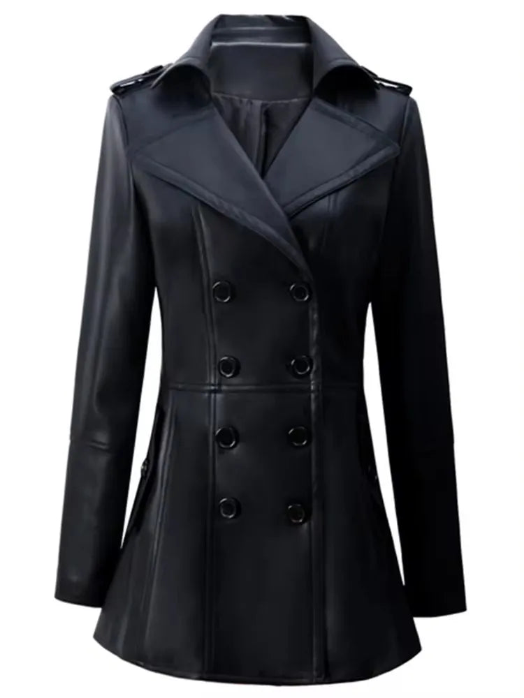 Women's Autumn Fitted Coffee-Colored PU Leather Blazer Jacket with Skirt - Long Sleeve Double Breasted European Style Fashion Coat for Office, Dating & Fall Outfits