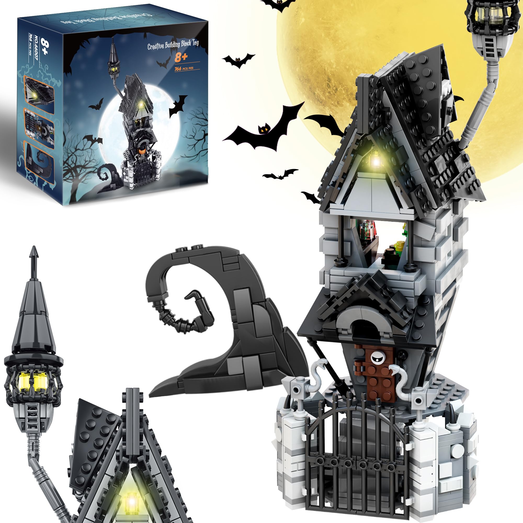 Usoway Haunted Village House Building Blocks Set (766pcs) - Halloween & Christmas LED Light Haunted House Kit with 2 Minifigures, Creative DIY Toy Gift for Kids, Collectors & Movie Fans - Perfect for Holiday Decorations, Birthday Gifts & Horror Movie Display