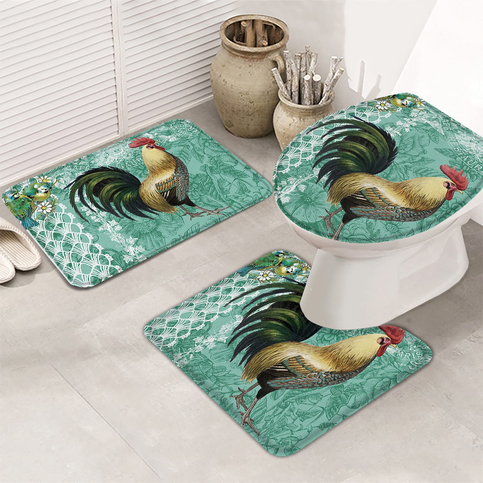 Vintage Farm Rooster Non-Slip 3-Piece Bathroom Rug Set - Absorbent Contour Mat, Toilet Lid Cover & Soft Shower Mat with Green Backdrop | Perfect for Farmhouse, Cottage & Vintage Style Bathrooms