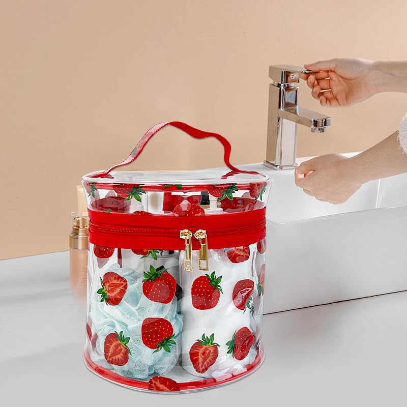 **Printed Cherries Clear Cylinder Travel Makeup Bag – Waterproof Cosmetic Pouch with Handle for Women & Girls – Perfect for Travel, Gym, and Daily Organizer (D2064-16)**