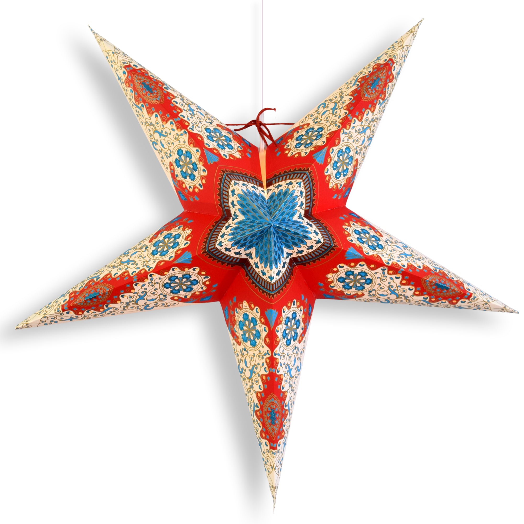 24 Inch Patriotic Paper Star Lantern - Red White Blue Hanging Decor with Pendant Light | Perfect for 4th of July, Memorial Day & Home Party Decoration