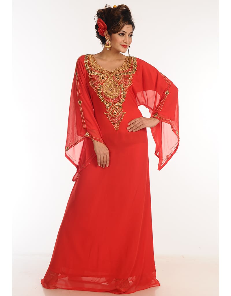 Elegant Arabic Red Georgette Galabiya with Hand Zari Embroidery - Perfect for Weddings, Parties & Special Occasions